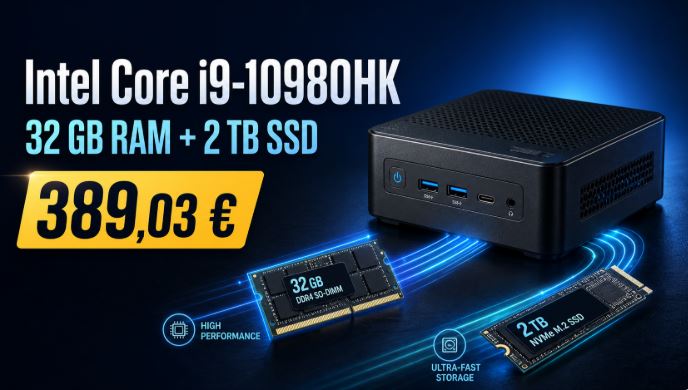 Mini PC Intel Core i9-10980HK (32 GB RAM + 2 TB SSD) por solo 389,03 €